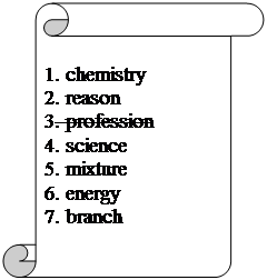 : 1. chemistry
2. reason
3. profession
4. science
5. mixture
6. energy
7. branch
