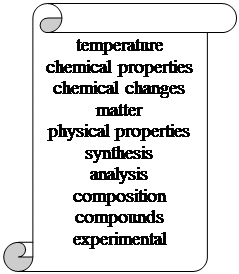  : temperature
chemical properties
chemical changes
matter
physical properties
synthesis
analysis
composition
compounds
experimental


