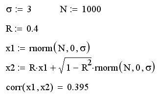 Описание: Иллюстрированный самоучитель по MathCAD 11 › Математическая статистика › Генерация коррелированных случайных чисел. Ковариация и корреляция.