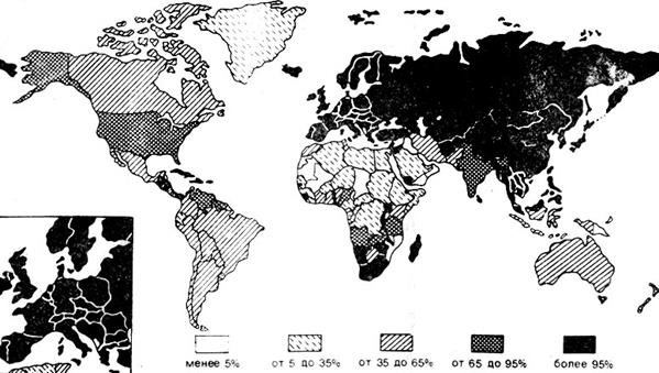 Рис. 8.2. Картографическая обеспеченность суши топографическими картами масштаба 1 : 100 000
