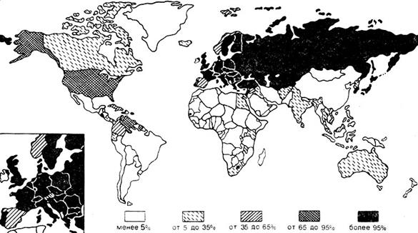 Рис. 8.1. Картографическая обеспеченность суши топографическими картами масштаба 1 : 25 000